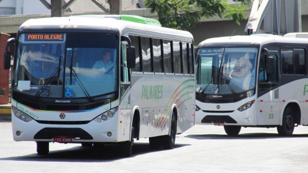 A foto mostra dois ônibus em circulação.