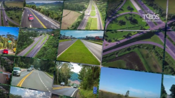 A foto mostra um mosaico de imagens de rodovias em boas condições, com o logotipo do governo do Rio Grande do Sul transparente, no canto superior direito. A foto é uma reprodução do comercial de TV do governo.