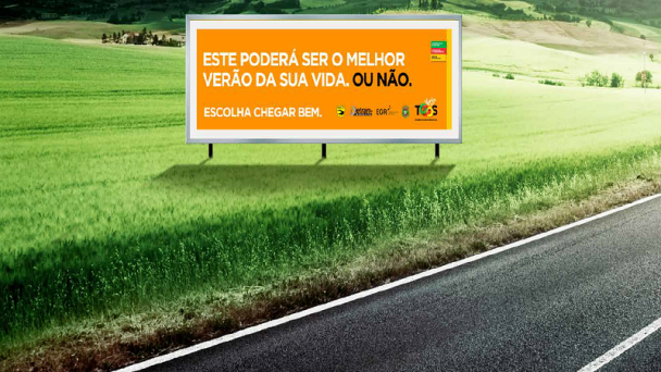 ilustração de um outdoor na lateral de uma rodovia, com a frase Este poderá ser o melhor verão da sua vida. Ou não.