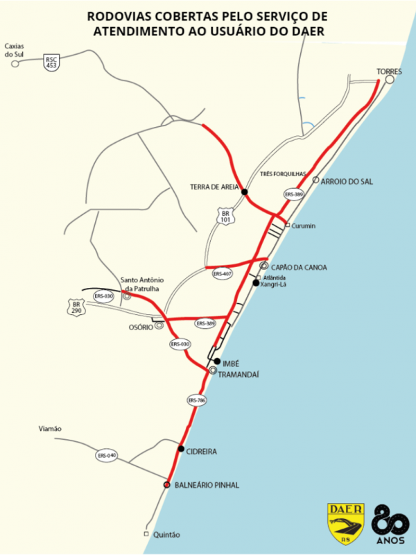 A foto reproduz um mapa rodoviário do Litoral Norte do Rio Grande do Sul, com trechos em vermelho que evidenciam as estradas que serão atendidas pelas equipes volantes do Daer