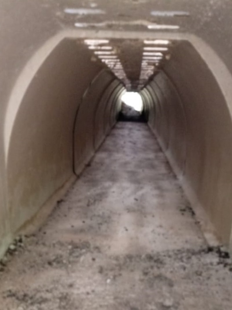 Na foto aparece uma passagem para animais cruzarem. É como se fosse um pequeno túnel.