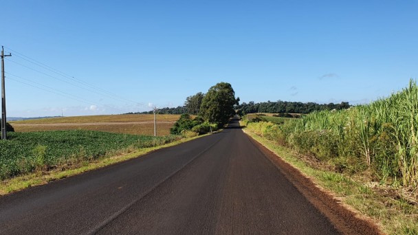 A imagem que representa a matéria é muito bonita. No centro está a estrada pavimentada. Dos dois lados da rodovia está a extensa vegetação, sendo que na parte direita é de milho. Acima da foto está um céu bem azul sem nuvens. 