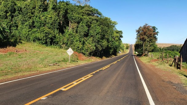 Foto mostra rodovia com árvores ao lado.