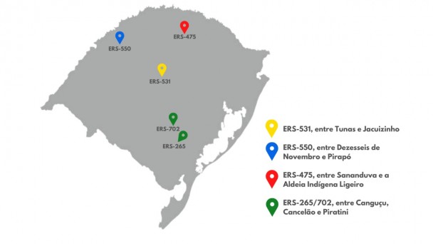A imagem mostra o estado do RS e os trechos com termos de referência finalizados para licitação do projeto