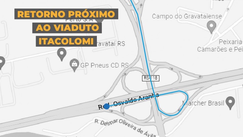 A foto mostra um mapa indicando o esvio destinado a quem circula na Av. Centenário ou na BRS-290 (Freeway)