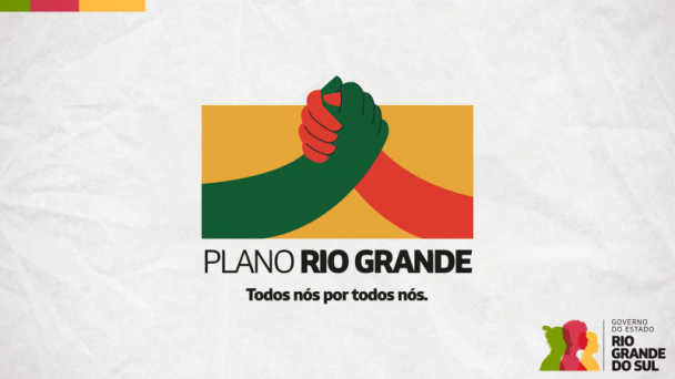Logomarca Plano Rio Grande com aperto de mãos em verde e vermelho e fundo amarelo. Embaixo, está escrito Plano Rio Grande Todos nós por todos nós.
