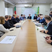 A foto mostra prefeitos do Vale do Taquari reunidos em uma mesa com o secretário Juvir Costella e o diretor-geral do Daer, Luciano Faustino