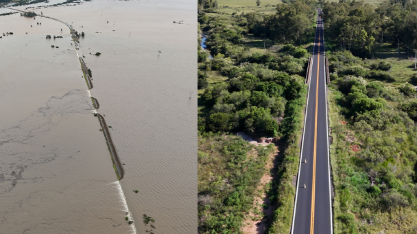 ERS-640 ficou embaixo d'&aacute;gua na enchente de 2024. Recupera&ccedil;&atilde;o contempla 64 km e totaliza um investimento de R$ 98 milh&otilde;es. 